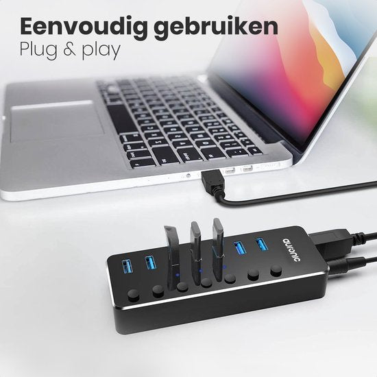 Auronic USB Hub 3.0 - USB Splitter met 7 Poorten - met Voeding - 5 GBPs - Led Indicatie - Zwart