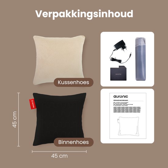 Auronic Warmtekussen - Sherpa Fleece - 45x45 - Draadloos - Oplaadbaar - Elektrisch kussen - Infrarood - Beige
