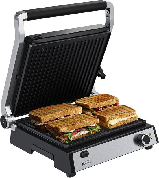 KitchenBrothers Contactgrill Deluxe - Tosti Apparaat - Grill Apparaat - Uitneembare Grillplaten - Panini Grill - 5 hoogtestanden - Croque Monsieur Toestel - 2000W - RVS