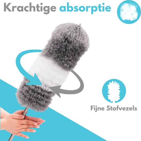 VAIVE Plumeau uitschuifbaar tot 280 cm - Ragebol met Telescoopsteel - Duster - Stoffer - Wasbaar en Draaibaar – 3 Opzetstukken