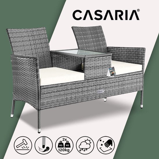 Casaria Polyrattan Tuinbank - Incl. Tafel & Kussens 7 cm - Grijs