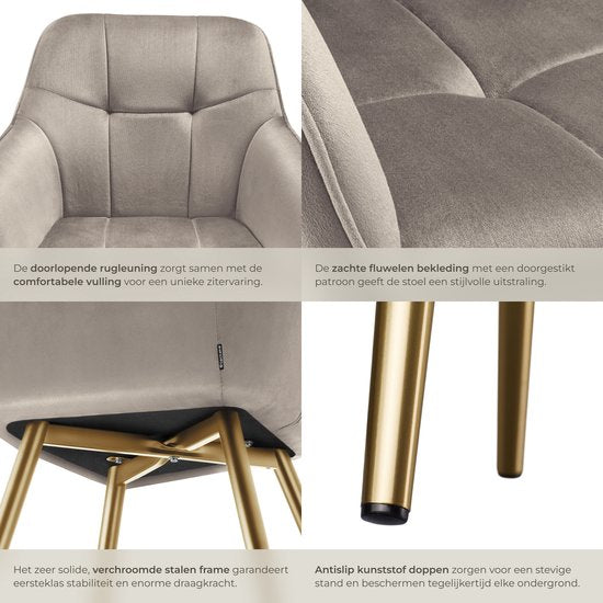 tectake® Fluwelen Stoel – Eetkamerstoel Met Gewatteerde Fluwelen Stof, Moderne Keukenstoelen, Comfortabele Fauteuil Voor Woonkamer, Eetkamer, Lounge – taupe / goud
