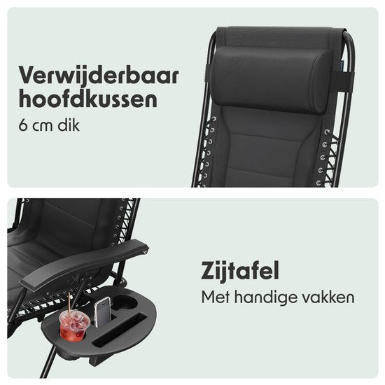 LifeGoods Ligstoel Comfort - Opvouwbaar - 30°-90° Verstelbaar - Beker en Telefoonhouder - Tuinstoel - Zwart