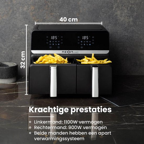 Nexxt Digitale Dubbele Airfryer XXL - Heteluchtfriteuse met Touchscreen – Inhoud 5,5 + 3,5 Liter – 8 Kookprogramma's - Zwart