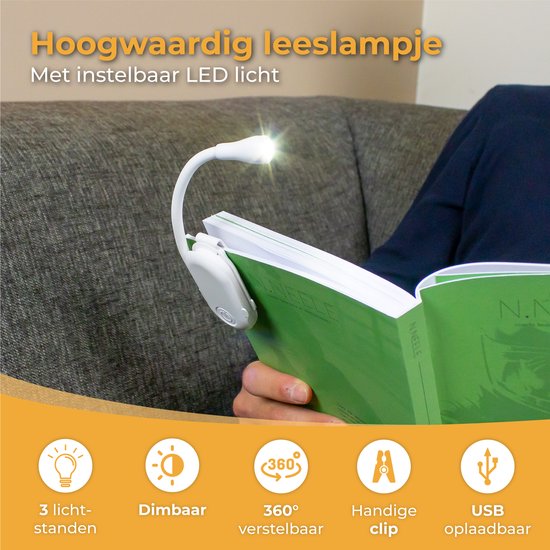 Nuvance - Leeslampje - Leeslamp met Klem - Dimbaar - 3 Standen - Leeslampje voor Boek - Oplaadbaar USB C - 24 Uur Leesplezier - Klemlamp - voor Kind & Volwassenen - Klemlampje - Wit