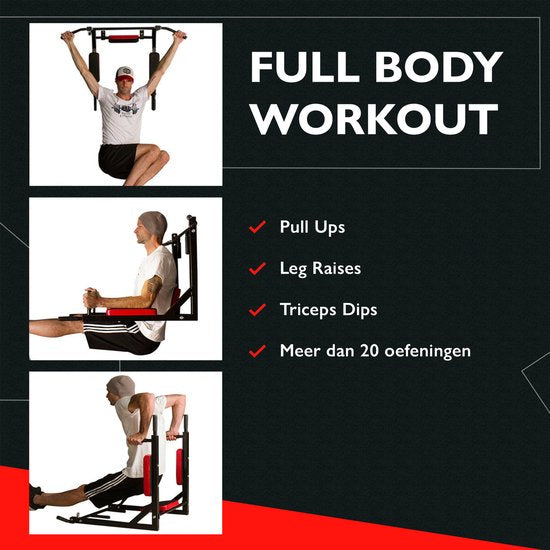 Zoluko Dip & Pull Up Bar – Professioneel Wandmodel – 200kg Draagkracht – 2-in-1 Dip Station – Incl. E-book – Zwart/Rood