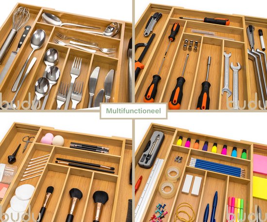 Budu Uitschuifbare Bamboe Bestekbak #43 (43 cm diep) - Bestekcassette Hout - Besteklade - 43 x 32,2 - 53 cm - 6/8 vakken