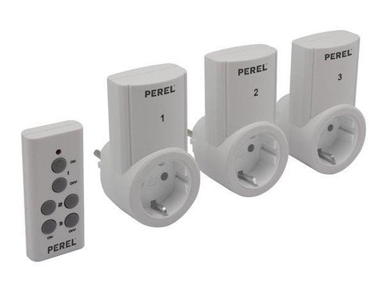 Perel Stopcontacten, met afstandsbediening, set van 3, draadloos, bereik tot 25 m, 10 A, 2300 W, wit