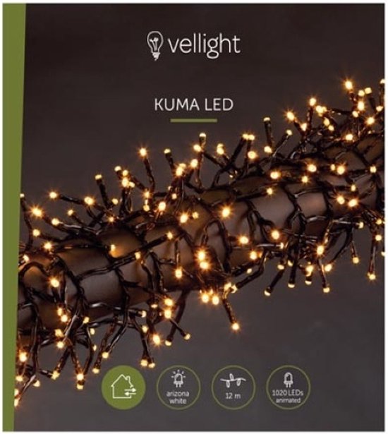 Kuma LED, lichtslinger, 12 m, 1020 leds, Arizona wit, zwarte kabel, voor binnen en buiten, modulator, 24 V