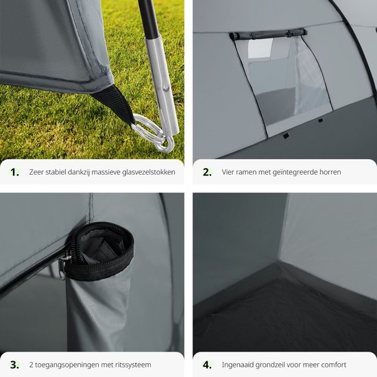 tectake® - Tunneltent voor 6 personen - Familietent op stahoogte - Voortent - Campingtent grote slaapcabine met grondzeil - 4 ramen, waterafstotend, 480 x 350 x 195 cm, donkergrijs/lichtgrijs