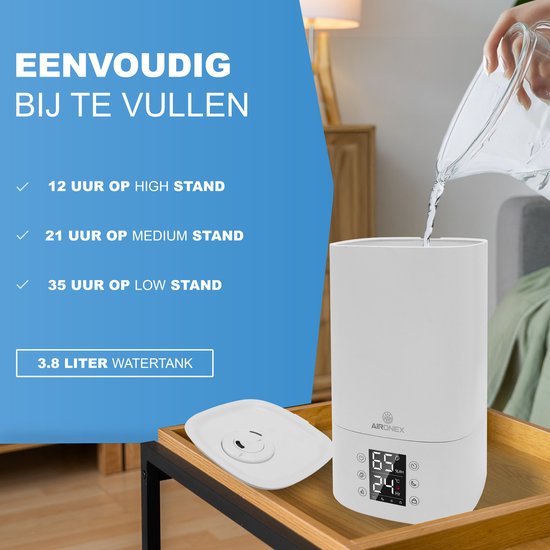 Aironex Luchtbevochtiger 3.8 Liter - Topfill - Aroma - Luchtbevochtigers - Humidifier - Geschikt voor Woonkamer, Kantoor, Babykamer, Slaapkamer