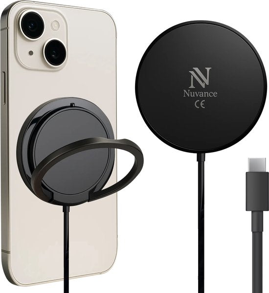 Nuvance Draadloze Oplader - 15W Snellader - Geschikt voor Magsafe - Wireless Charger - Incl. Usb-C Kabel - Zwart