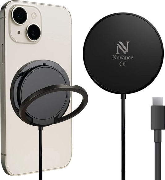 Nuvance Draadloze Oplader - 15W Snellader - Geschikt voor Magsafe - Wireless Charger - Incl. Usb-C Kabel - Zwart
