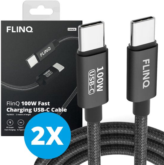 FlinQ - 2x USB C naar USB C Kabel 100W - Snellader voor Smartphone, Tablet - Zowel Datakabel als Oplader - 2 Meter Lange Nylon Oplaadkabel