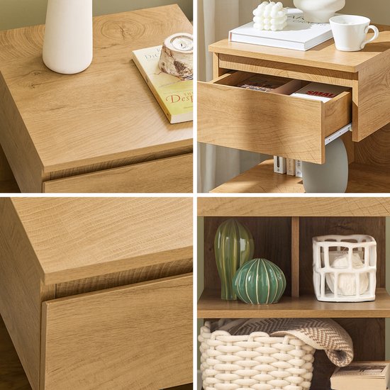 SoBuy Set van 2 Bijzettafel, Nachtkastje met 1 Lade en 3 Planken, Multifunctionele Salontafel voor Slaapkamer of Woonkamer, Scandinavisch Design, Natuur Houtbruin, 39x65x39cm, FBT49-Nx2