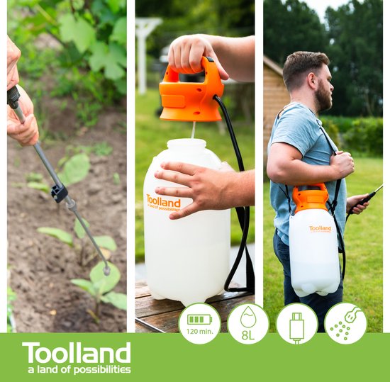 Toolland Drukspuit, elektrisch, herlaadbare batterij, telescopische lans, regelbare sproeikop, schouderriem, 8 liter, wit/oranje/zwart