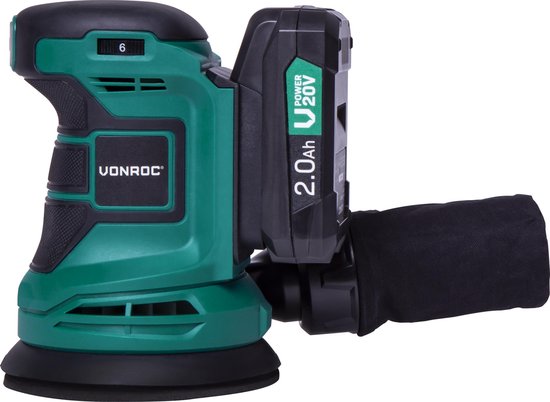 VONROC Excentrische schuurmachine – VPower 20V - Incl. 2.0Ah accu & oplader - Ø125mm - Met stofzak & 12 stuks schuurpapier