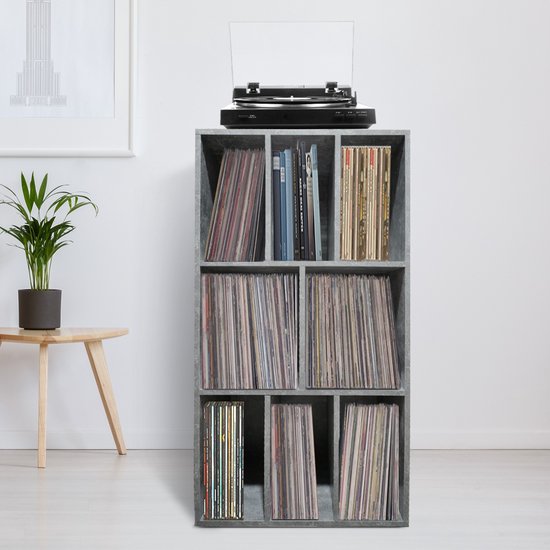LP vinyl opbergkast - platenkast - opbergen lp vinyl platen - boekenkast - 8 vakken - grijs beton look