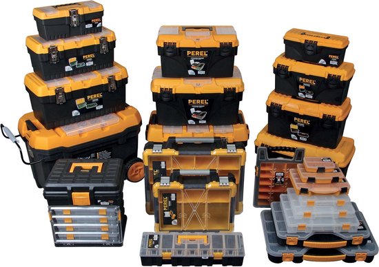 Perel assortimentsdoos, max. 20 compartimenten, 16 tussenschotten, transparant deksel, stapelbaar, 326 x 257 x 48 mm, geel/zwart
