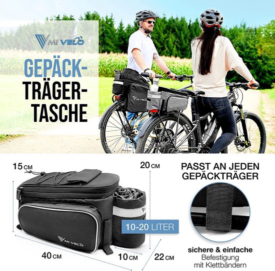 MIVELO - Fietstas voor bagagedrager - bagagedragertas fiets - uitbreidbaar tot 20 l - waterafstotend - 20 l zwart
