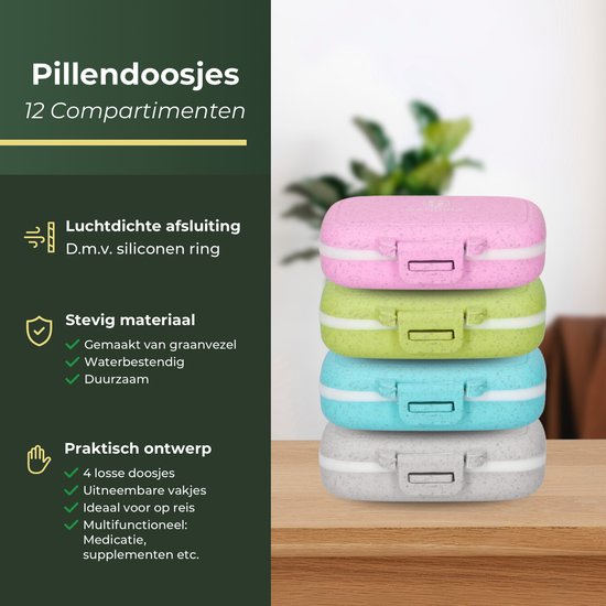 Gandria Pillendoosjes Set van 4 – Bio-Graanvezel – Waterbestendig – 12 Compartimenten