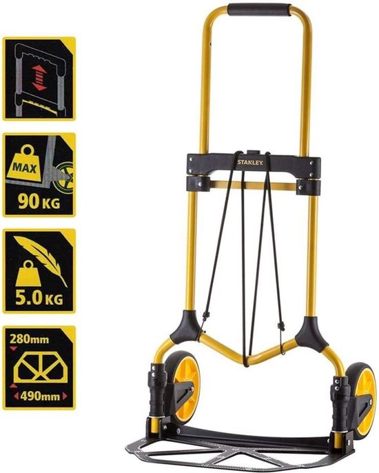Stanley Opvouwbare Steekwagen FT582 - Draagvermogen tot 90KG - Transportwagen - 50 x 45 x 98 CM - Lichtgewicht Aluminium - Zwart/Geel