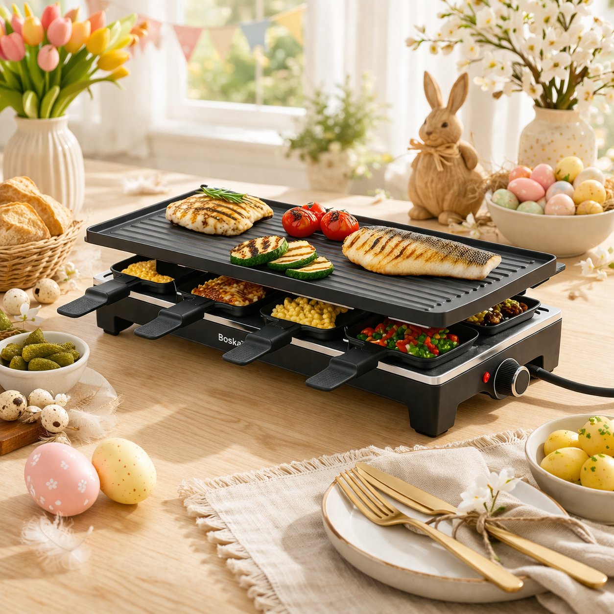 KitchenBrothers Gourmetstel - 1500W - Gourmetplaat 8 Personen - Set met Pannetjes en Spatels - 46,5 x 23 cm - Zwart