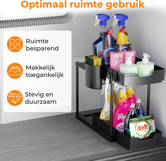 Posity Gootsteenkast Organizer - Keukenkastje Organizer - Schuiflade - Kast Organizer - Badkamer Organizer - Aanrecht Organiser - 2 Uitschuifbare Lades - Zwart