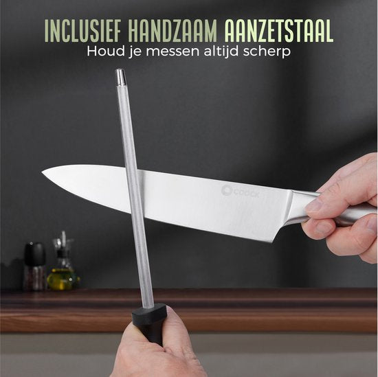 COOCK - Messenset met Blok en Vouwbare Snijplank - Keukenmessen met Schaar en Aanzetstaal (Messenslijper) - 17-Delige Keukengerei set in Messenblok – Met Krasbestendige Coating - Full RVS