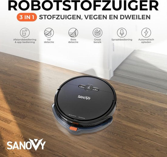 Sanovy 3 in 1 Robotstofzuiger met dweilfunctie - 1800 PA- Automatische laadstation - Dweilrobot – App