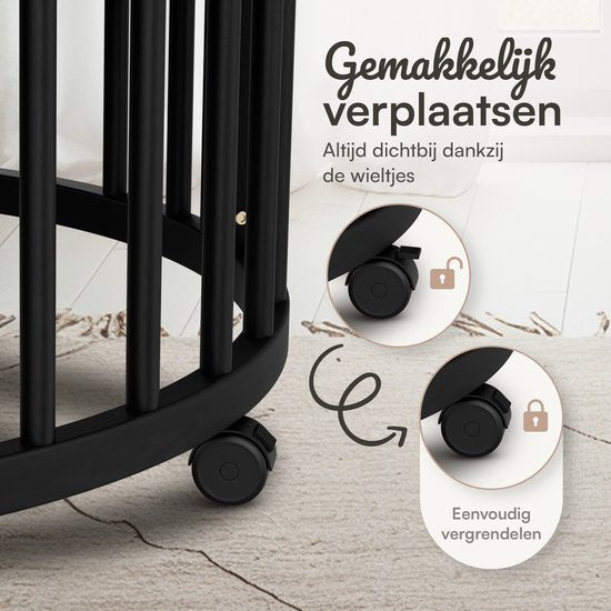 Flowsense Baby Box – Ronde Speelbox - Grondbox - Kinderbox - Playpen – Met Matras – Verstelbare Hoogtes – Wielen - Zwart