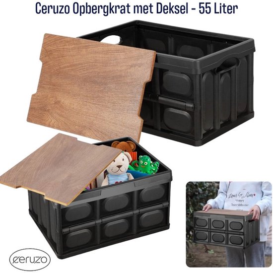 Ceruzo Opbergkrat met afneembaar houten Deksel - Vouwkrat - Kofferbak Organizer - Camping-55 l, Zwart