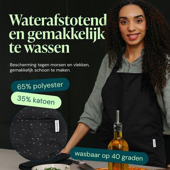 Castagnola keukenschort - Water- en vuilafstotend - Professioneel Kookschort - Schort voor Dames en Heren - Horeca Sloof - Unisex - Verstelbare Gesp - Extra Grote Vakken - Zwart