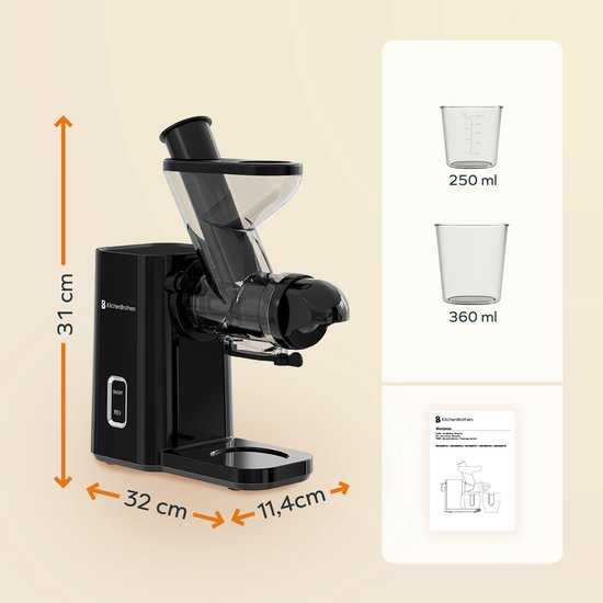 KitchenBrothers Slowjuicer - Mini Juicer - Groenten en Fruitpers - 40 mm en 50 mm invoer - 400 ml - Zwart