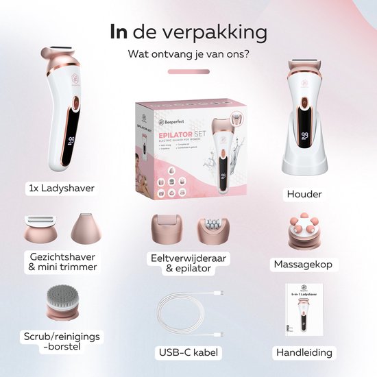 Beeperfect 7-in-1 Epilator voor Vrouwen - Oplaadbaar & Waterdicht - 7 Opzetstukken - 20,4x7,9x26 cm