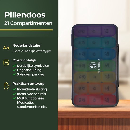 Gandria Pillendoos 7 Dagen - Uitneembaar Pillendoosje - Medicijndoos met 21 Compartimenten - Medicijndoos met Stevige Sluiting - 3 Vakken per Dag