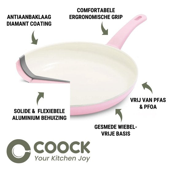 COOCK 19-Delige Pannenset - Speciale Anti-Aanbak Coating - Ergonomische Koudgrepen - Gerecycled Aluminium - koekenpannenset - kookpottenset - Lichtroze - Inclusief Onderzetters en E-book