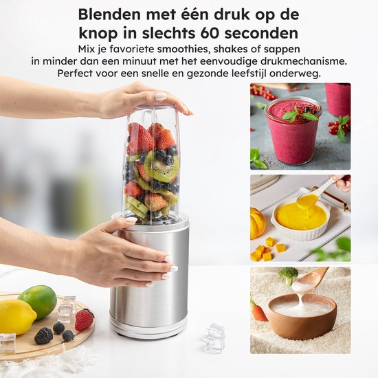 Blender To Go - 6-Delige Set - Smoothie Maker - Blender - 2x 800ml Drinkbekers - 1200W - Vaatwasserbestendig - BPA-vrij - Draagbare Blender - Zilver - van Saaf