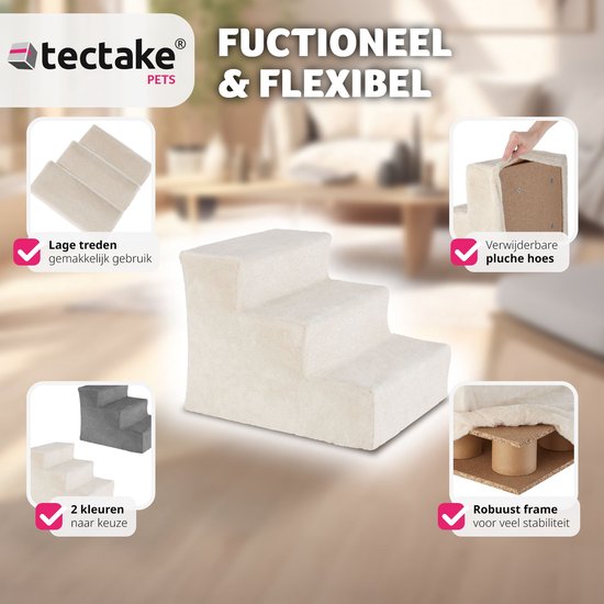 Tectake® Hondentrap en Kattentrap - Huisdiertrap - Instaphulp met Wasbare Hoes - Extra Platte Treden - (beige, 37 x 45 x 34,5 cm, 3)