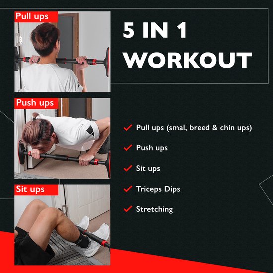 Zoluko Professionele Pull Up Bar - 200kg Draagkracht - Eenvoudige Bevestiging - Optrekstang Fitness - Pull Up Station voor Thuis Sporten - Chin Up Bar - Zwart/Rood
