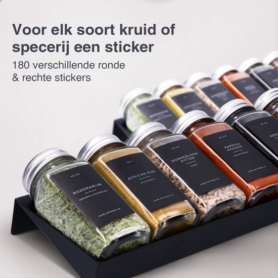 Deleca 180x Kruiden Stickers Voor Potjes - Ronde & Rechthoekige Labels - Voorraadpotten & Kruidenpotjes Etiketten - Waterdicht - Nederlands / Zwart