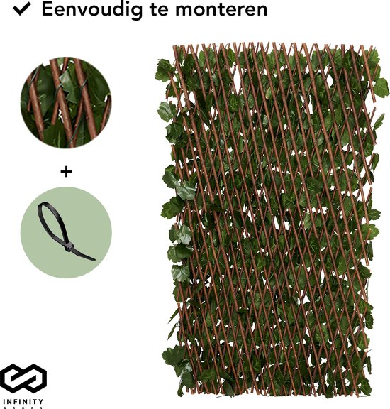 Infinity Goods Kunsthaag – Uitschuifbaar – 180 x 90 cm – Kunstklimop – Kunstplanten Voor Buiten En Binnen – Namaak Plant – Kunst Klimop – Uittrekbaar – Tuinscherm – Balkonscherm