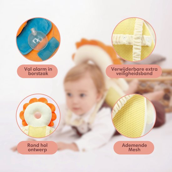 Vulpes Goods® BabyCare - Baby Hoofdbeschermer - Baby Valkussen - Baby Veiligheidskussen - Valrugzak - 3D Ademend - Veilig leren lopen - Leeuw