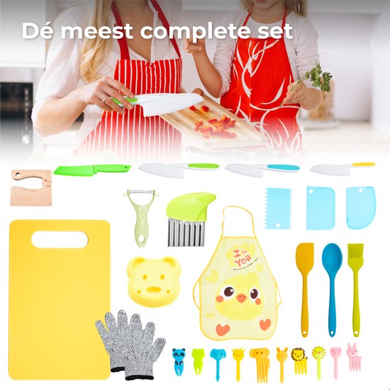 Nuvance - Kindermessenset - 17-Delige Kookset - Kiddikutter - Kinderbestek met Snijplank, Schilmesje, Kindermes, Frietsnijder & Kookschort - Kiddicutter - Koken voor Kinderen - Keukengerei