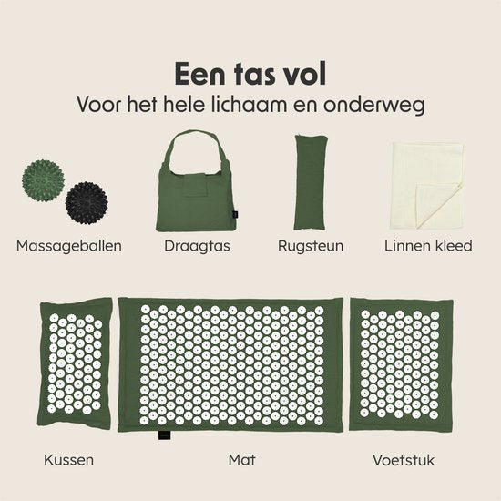 LifeGoods Acupressuur Mat Eco - Complete Set - Kussen / Draagtas / 2x Triggerpoint Bal - Shakti mat - Spijkermat - 72x43x2cm - Groen/Wit