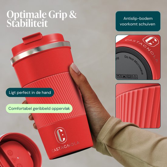 Castagnola Thermosbeker - Koffiebeker To Go - Travel Mug voor Koffie en Thee - Theebeker - 510 ML - RVS - Rood