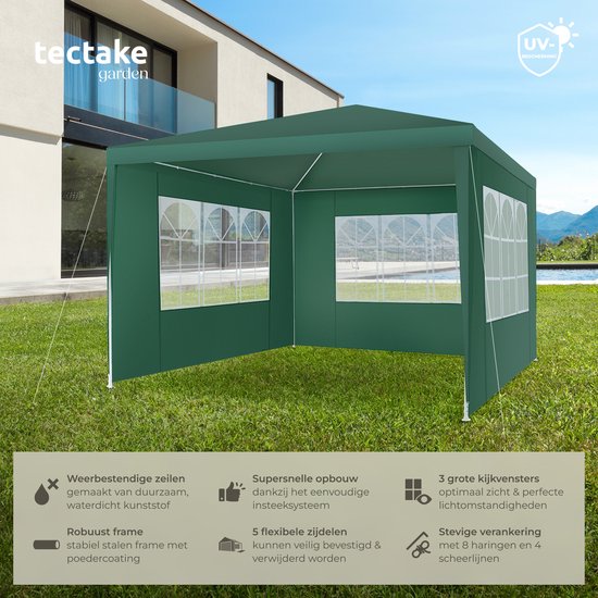 Tectake Partytent - Paviljoen - Opvouwbaar - Zijwanden - Waterdicht - 300 x 300 cm – Groen
