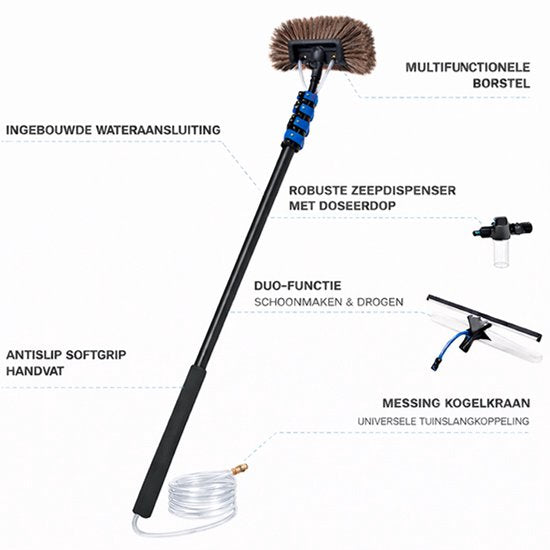 Nexxt Telescopische Waterbezem 6,5m - Grote Borstelkop - Ramenwasser Telescopisch - Wasborstel met Telescopische Steel - Zeepdispenser