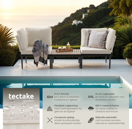 tectake® - Loungeset Magaluf - 5-in-1 tuinset met aluminiumframe - 2 tuin fauteuils en 1 salontafel - Op te stellen als ligstoel, hoekbank of 2-zits tuinbank - Inclusief kussens - Balkonset 2 personen