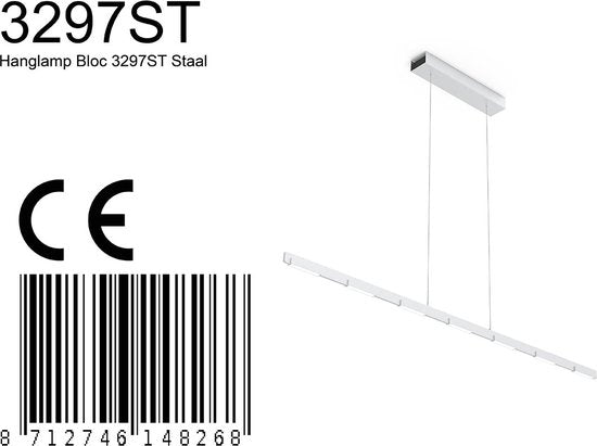 Hanglamp Bloc 3297ST Staal 171 cm Hoogteinstelbaar met Kabel Lift Steinhauer, Modern Design, Dimbaar met Externe Dimmer